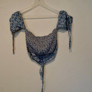 Romwe Blue Floral‎ Off Shoulder Cinched Coquette Crop Top M